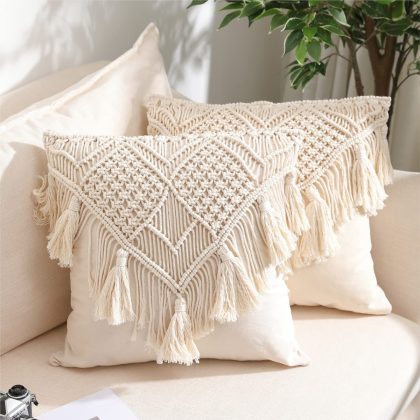 2PCS Boho Style Macrame Square Pillow Covers with Tassels for Sofa Home Decor
