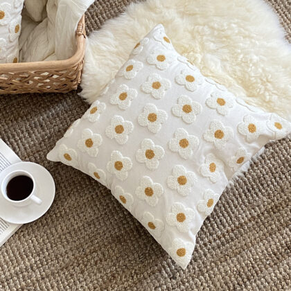 Cotton Canvas Floral Embroidered Daisy Cushion Cover